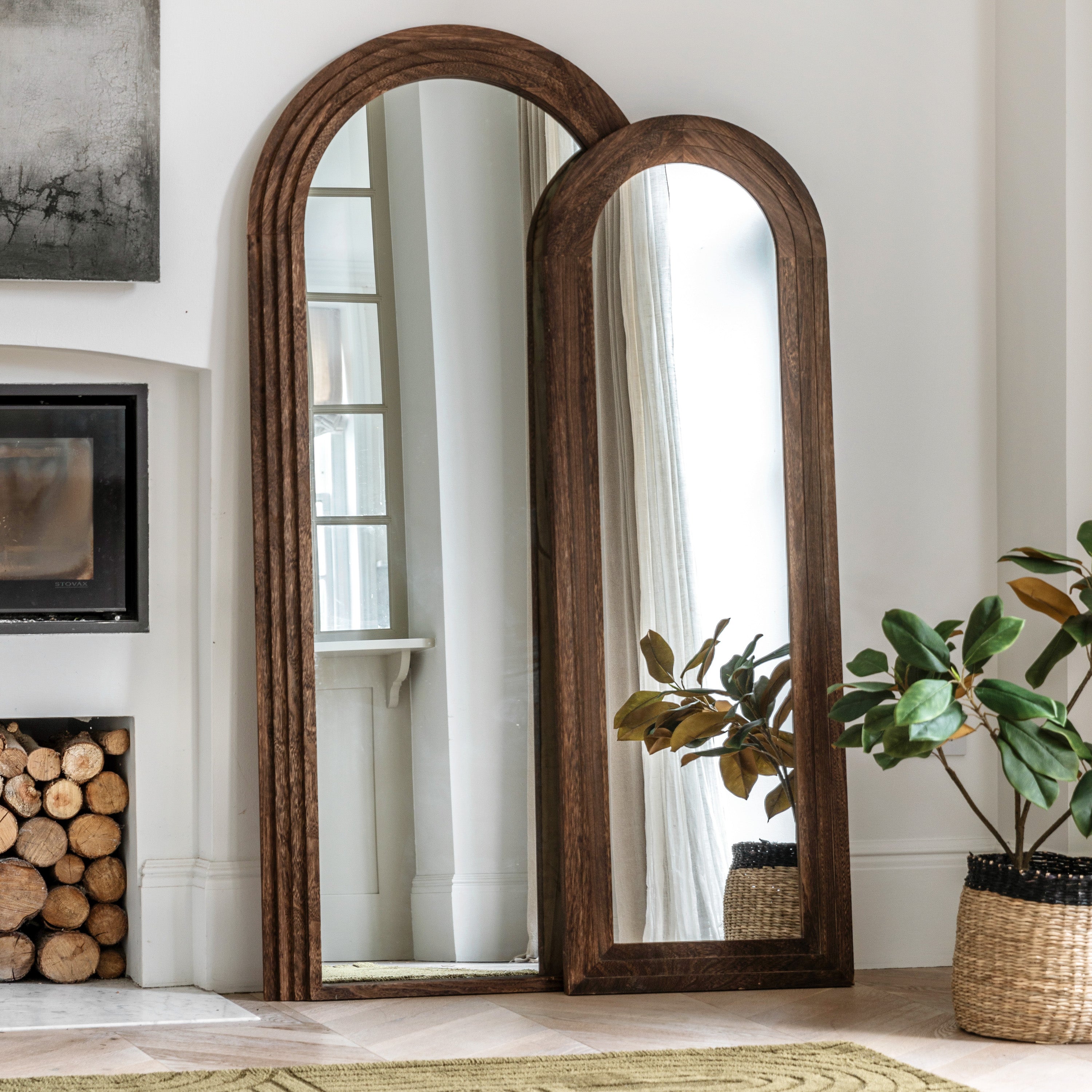 Loretta Arched Dark Brown Wood Full Length Leaner Mirror | Small